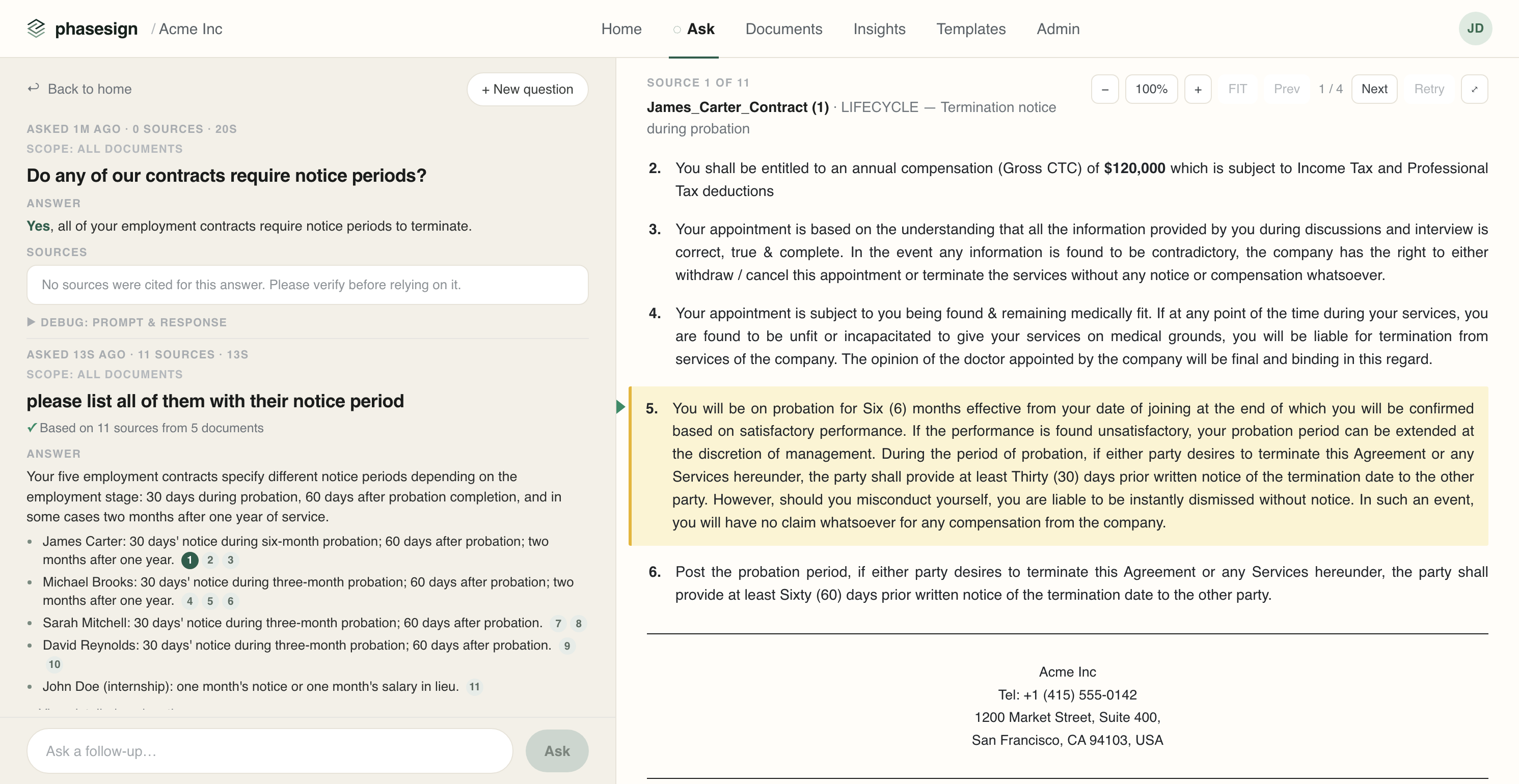 Phasesign Ask view showing a source-backed answer with cited agreements and a highlighted clause in the signed PDF.