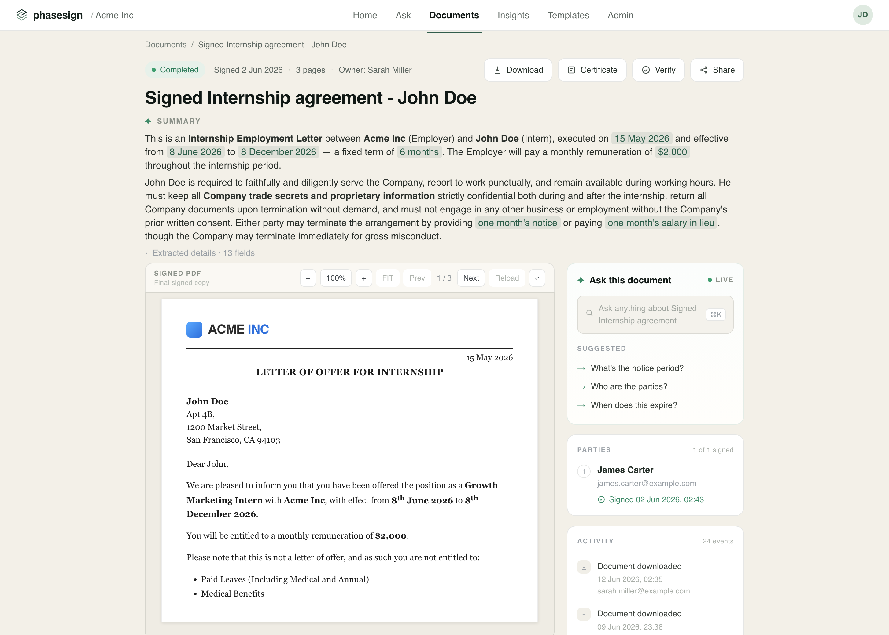 Phasesign document page showing an automatically generated agreement summary above the signed PDF.